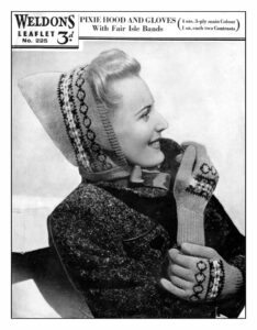 Weldons leaflet of lady wearing pixie hood and gloves with Fair Isle bands