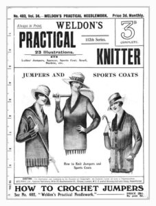 Cover of Weldons Practical Knitter showing three drawings of women wearing a knitted jumper or jacket