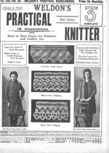 Cover of Weldon's Practical Knitter (No 333). Two photographs of girls wearing knitted coats and three photographs of knitted lace edgings.