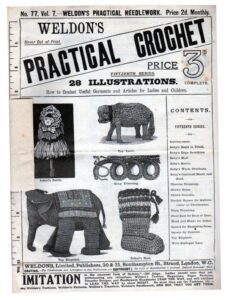 Cover of Weldon's Practical Needlework No 77 (Vol 7) - Practical Crochet. Photos of crocheted infant's ratttle, toy lamb, trimming, toy elephant and infant's boot