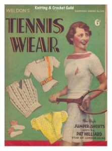 Cover of Weldon's Tennis Wear. Three textured tops, an a pair of short socks with coloured cuffs. Main image is a lady wearing knitted short sleeve textured sports jumper with coloured motif and bands around collar.