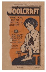 Cover of Wookcraft knitting booklet 9. The cover is badly worn, with pring missing from the left hand side. The drawing is of a lady knitting.