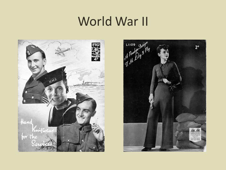 Two World War II pattern leaflets - Hand Knitwear for the Services with a serviceman from each of the three services and one with a service woman - neither shows knitted item