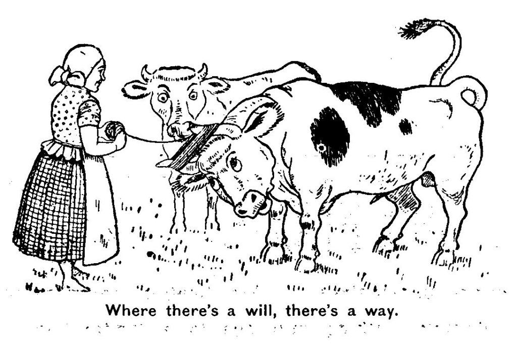 Cartoon of lady winding a ball of yarn watched by cattle, one of which has the hank of yarn around his horns. The caption is Where there's a will there's a way.