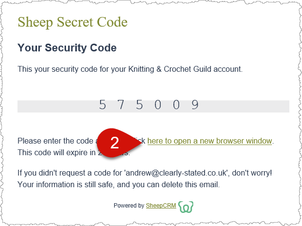 Content of an email showing the 6-digit security code and the link to open a browser to the correct location.