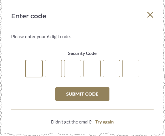 The 6 boxes for entering the security code received by email.