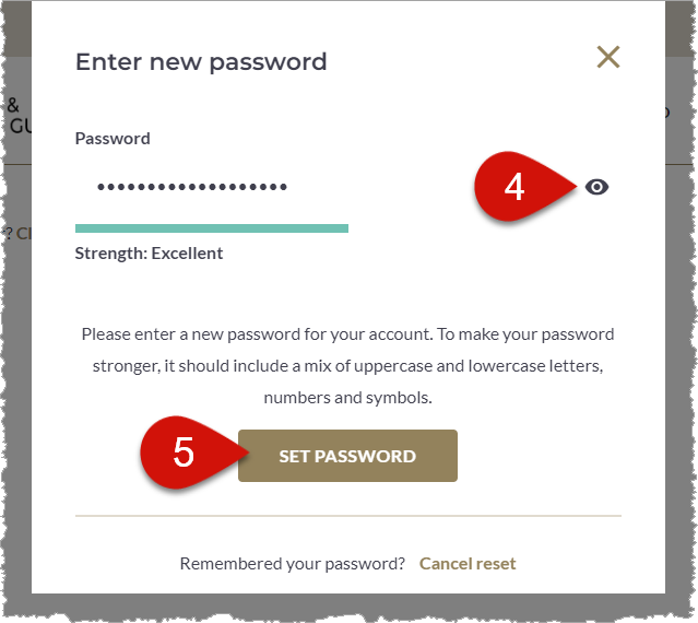 Showing that the password set has an excellent strength.