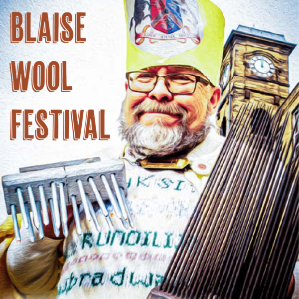 Blaise Wool Festival image featuring a drawing of a bearded man with ancient carding combs and wearing a yellow hat with the Bradford Borough Council coat of arms.