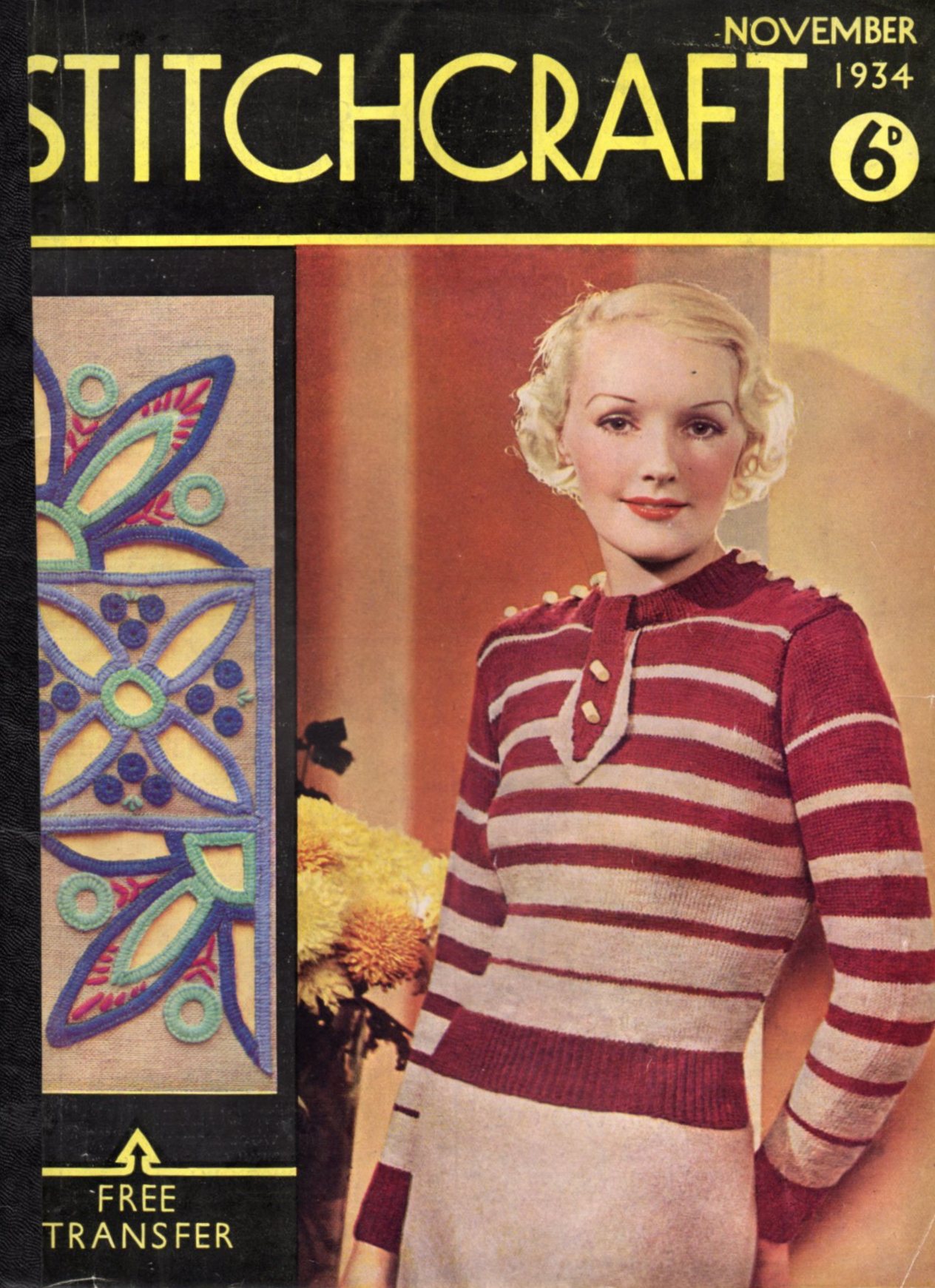 Cover of Stitchcraft November 1944 showing lady wearing horizontally striped pullover in fawn and dark red stripes and mock necktie and buttons on the shoulders.