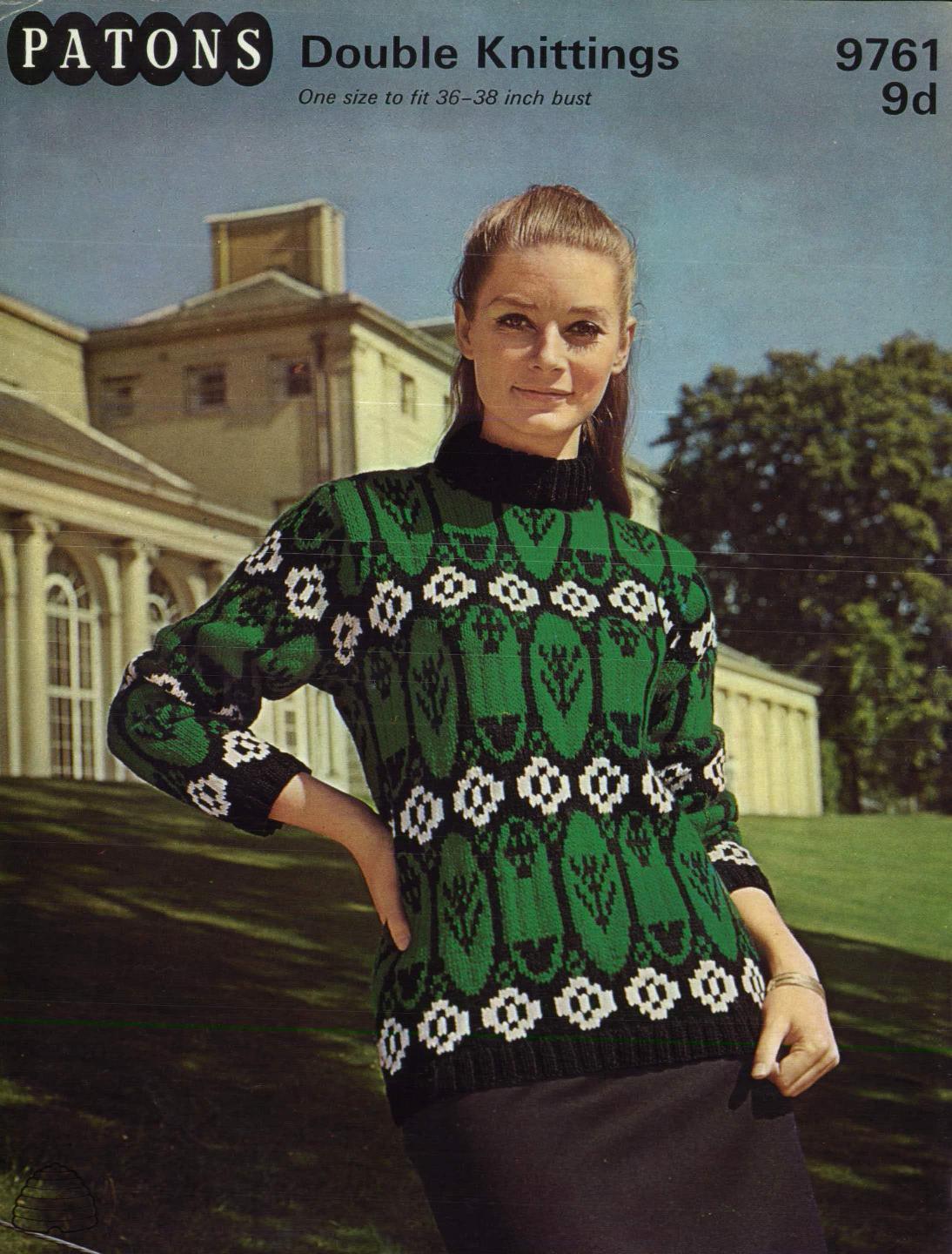 Cover of Patons leaflet 9761 - Lady in front of stately home wearing breen, black and white roll neck sweater with green oval panels containing black motifscontaining