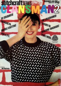 Cover of Patons Stitchcraft series booklet Clansman 2 showing lady wearing black and white sweater in broken zig zag pattern