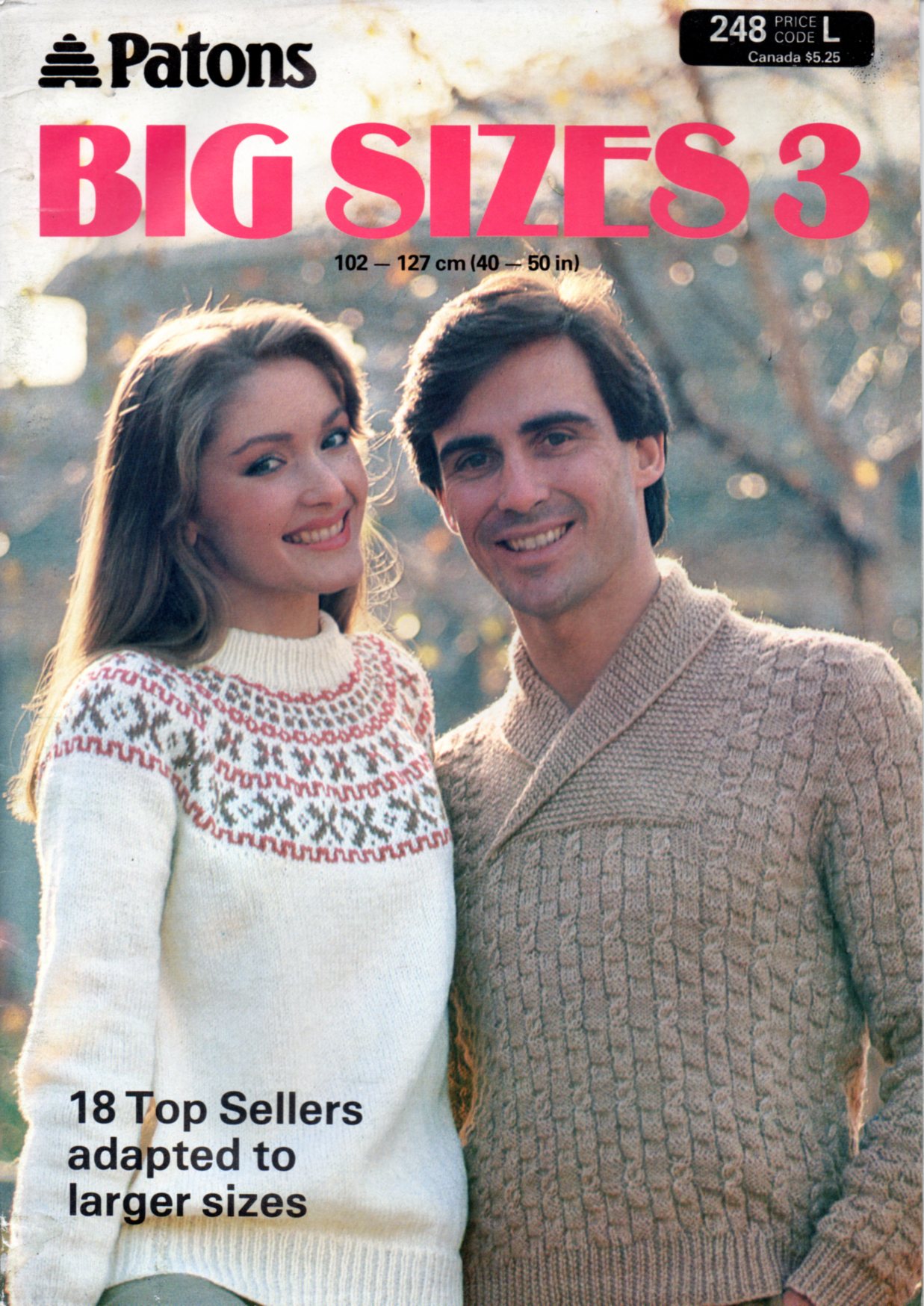 Cover of Patons Big Sizes 3 (leaflet 248). A lady wearing a cream sweather with a colour work yoke and a man wearing a beige textured sweater with a shawl collar.