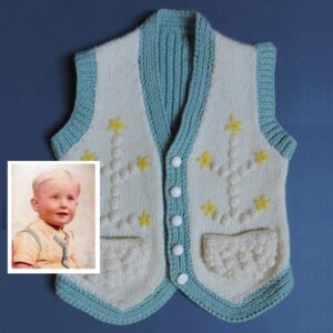 Knitted sleeveless cardigan for a young boy (with phot showing a boy wearing one). The back is blue in rib, as are the bands at the armholes. The bottom border and button band are also blue. The white front has a pocket on each side with a plant on each side - the plants and patterns on the pockets are made with bobbles. The five yellow flowers on each plant are embroidered.