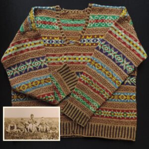 Fair Isle jumper with cartridge rib welt, neck band and cuffs in light and dark brown. The dominant colour palette is brown/red, but yellow, blue and green provide pop-out colour. Overlayed on the jumper is a photograph of what appears to be a family outing with the father wearing the jumper.
