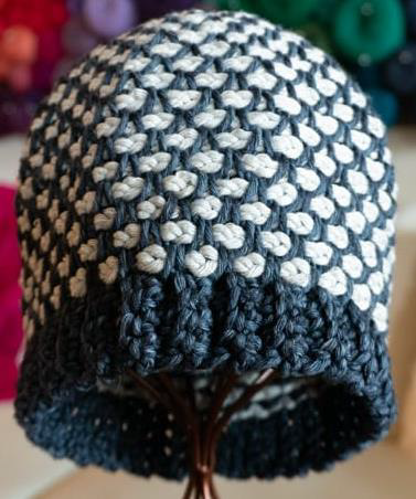 Tunisian crochet hat in blue and white