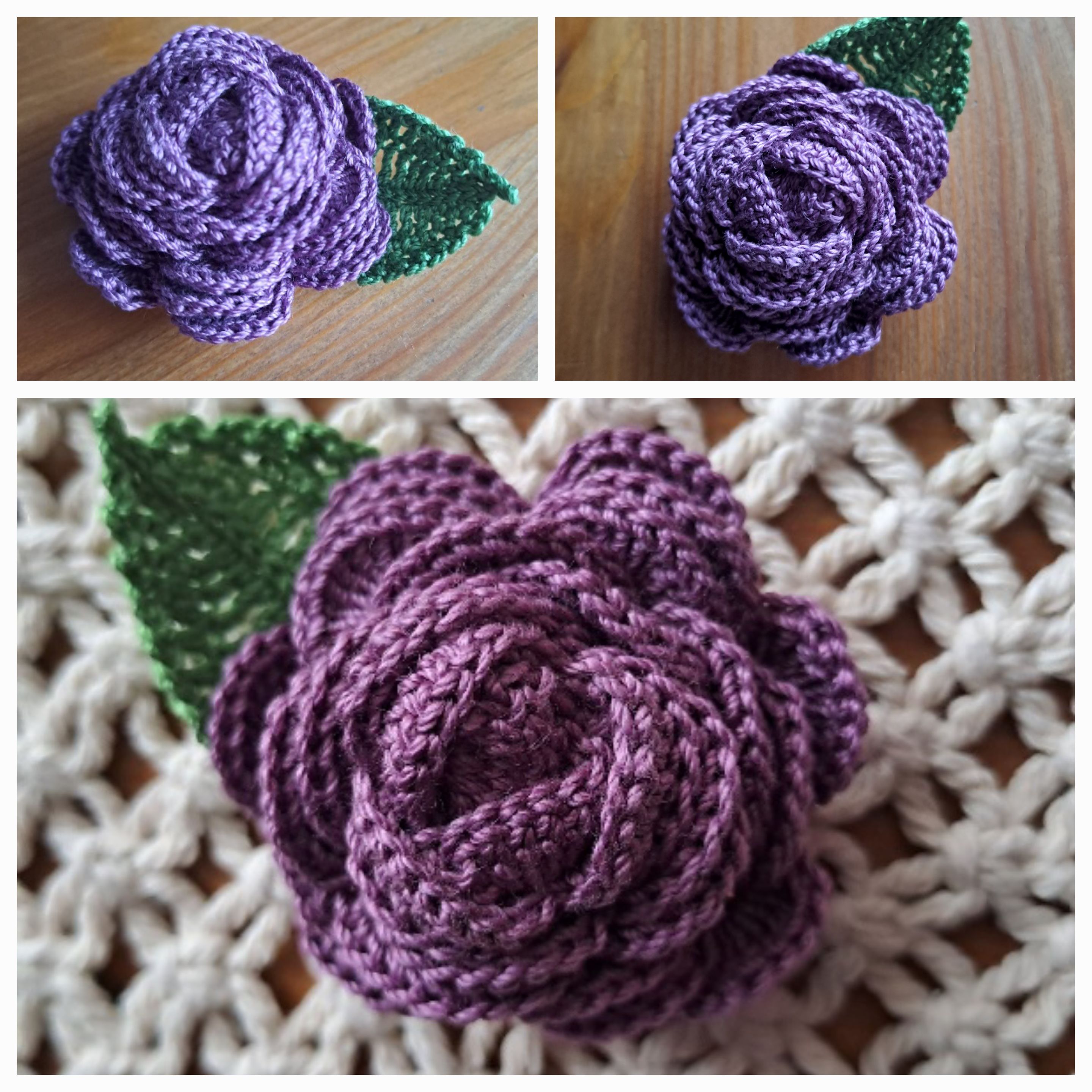 Photograph of three crochet roses that have the flower and a leaf.