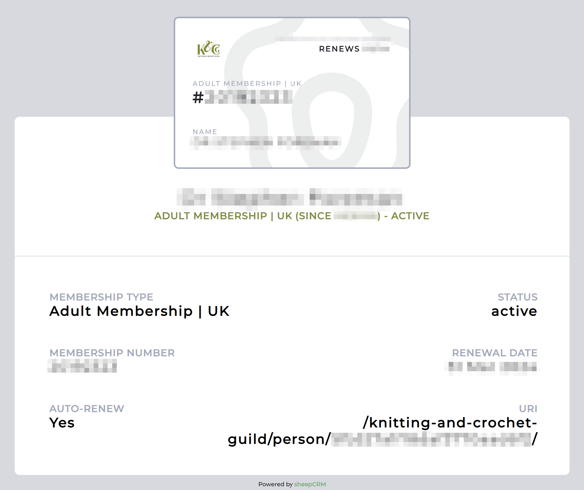 Anonymous screen shot of a membership card