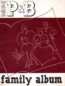 Front cover of the P&B Family Album. Simplified line drawing of three adults, one child and a baby.