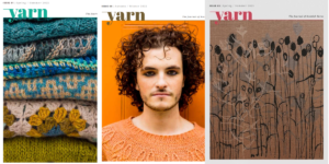 Front covers of issues 1 (stack of knit and crochet colour work), 2 (man wearing orange knit jubper) and 3 (print of plants on cloth)
