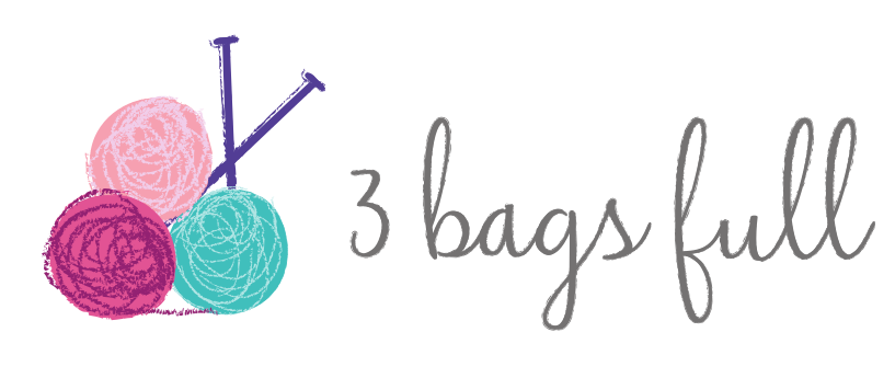 Logo of 3 Bags Full with three balls of yarn and knitting needles alongside the text 3 bags full