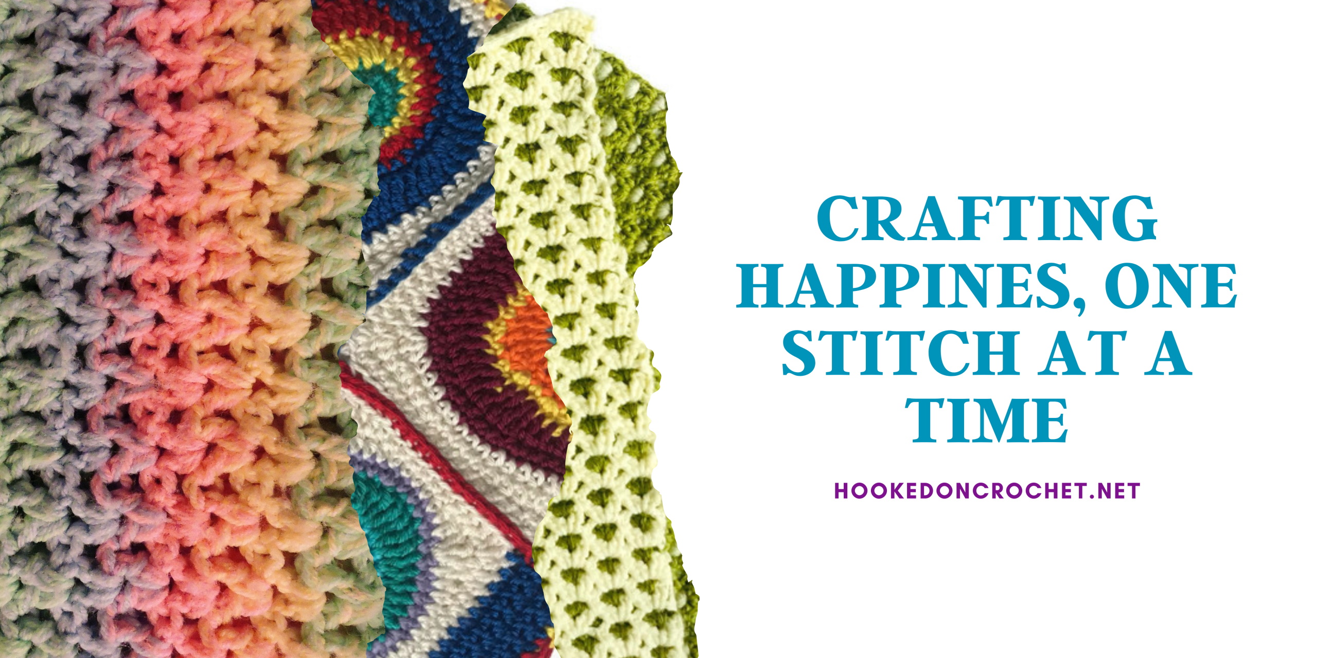 HookedOnCrochet logo showing a collage of crochet stitches in assorted colours