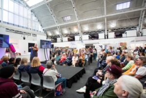 People attending a talk at The Stitch Festival