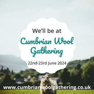 Sheep in a field with the text "We'll be at Cumbrian Wool Gathering"