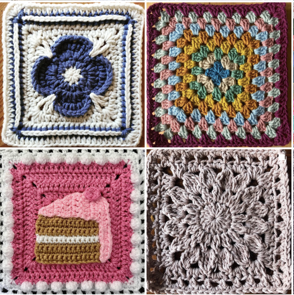 Four crocheted Granny Squares featuring a flower, squares, a piece of cake and a lacy flower.