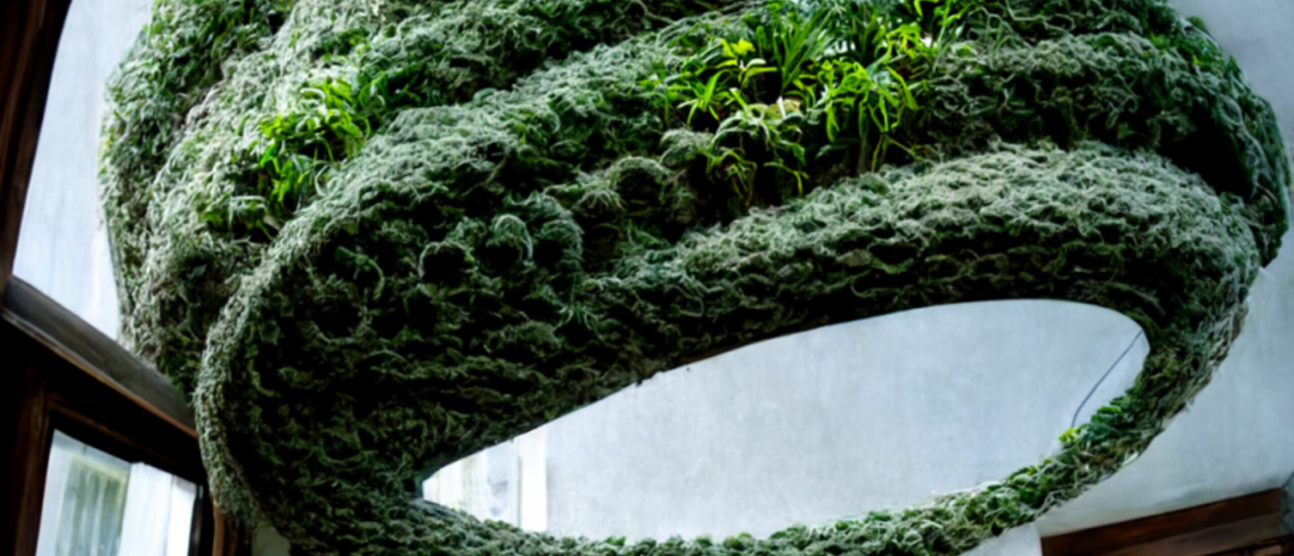 Fibre sculptures with plants growing from them