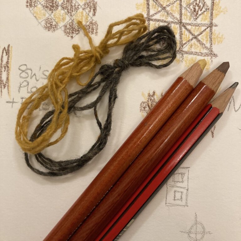 Sketches, yarn and pencils