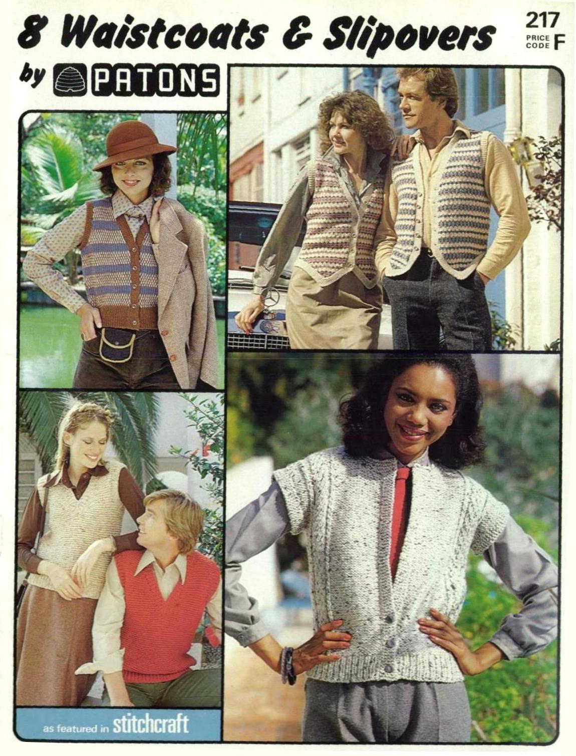 Cover of Patons 217 - Waistcoats and Slipovers. Assorment of male and female models wearing sleeveless cardigans and jumpers in striped, stranded and textured knitting.