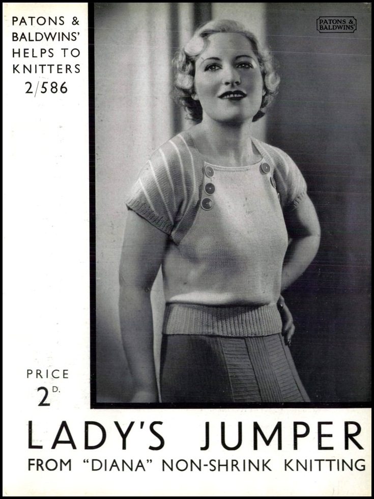 Cover of Patons & Baldwins; Helps to Knitters 2/586. Lady's jumper from Diana on-shrink knitting. Shows lady wearing short sleeved pullover with plain front and striped sleeves. Prominent buttons make the front look like the bib of a pair of overalls