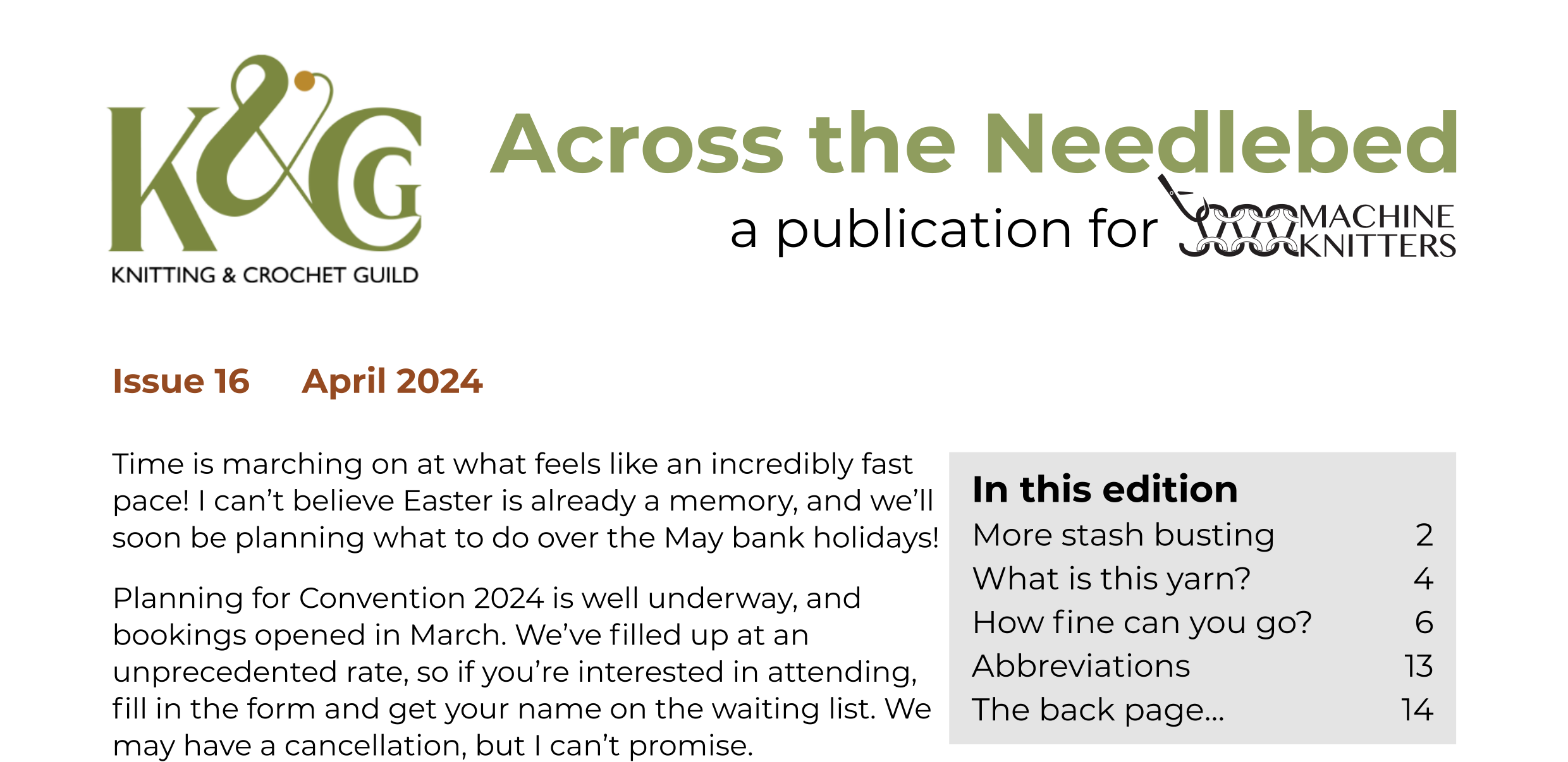 Front page banner of Across the Needlebed - Issue 16