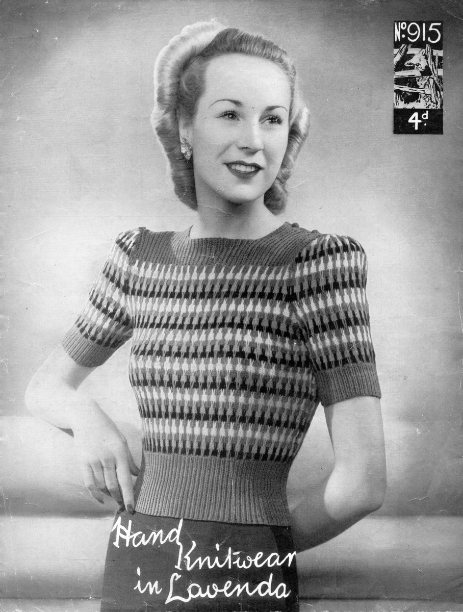 Cover of Lister A 915 pattern showing lady wearing boat neck short sleeve horizontal-striped pullover with deep rib waist