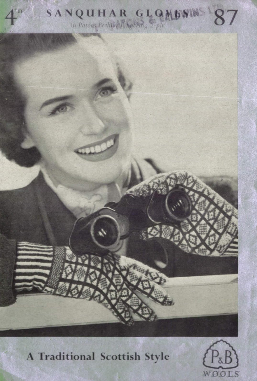 Cover of P&B leaflet 89 "Sauquhar Gloves". Lady holding binoculars wearing a pair of Sanqhuar design gloves