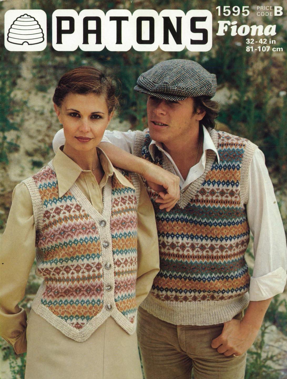 Cover of Patons leaflet showing lady wearing geometric pattern Fair Isle waistcoat and man wearing a sleeveless sweater fersion of the same pattern in different colours.