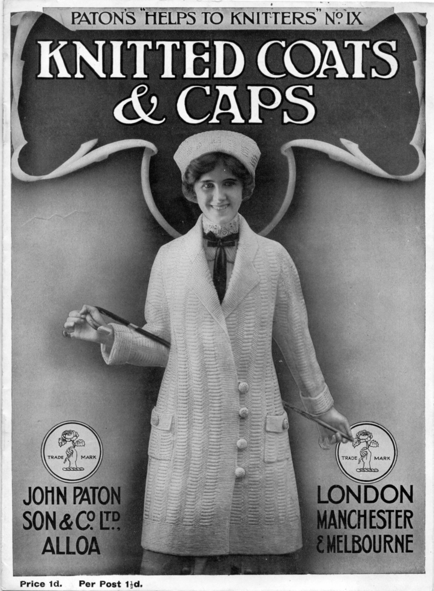 Cover of Patons Helps to Knitters IX 1d (Knitted coats and caps) showing lady wearing a knitted coat and hat.