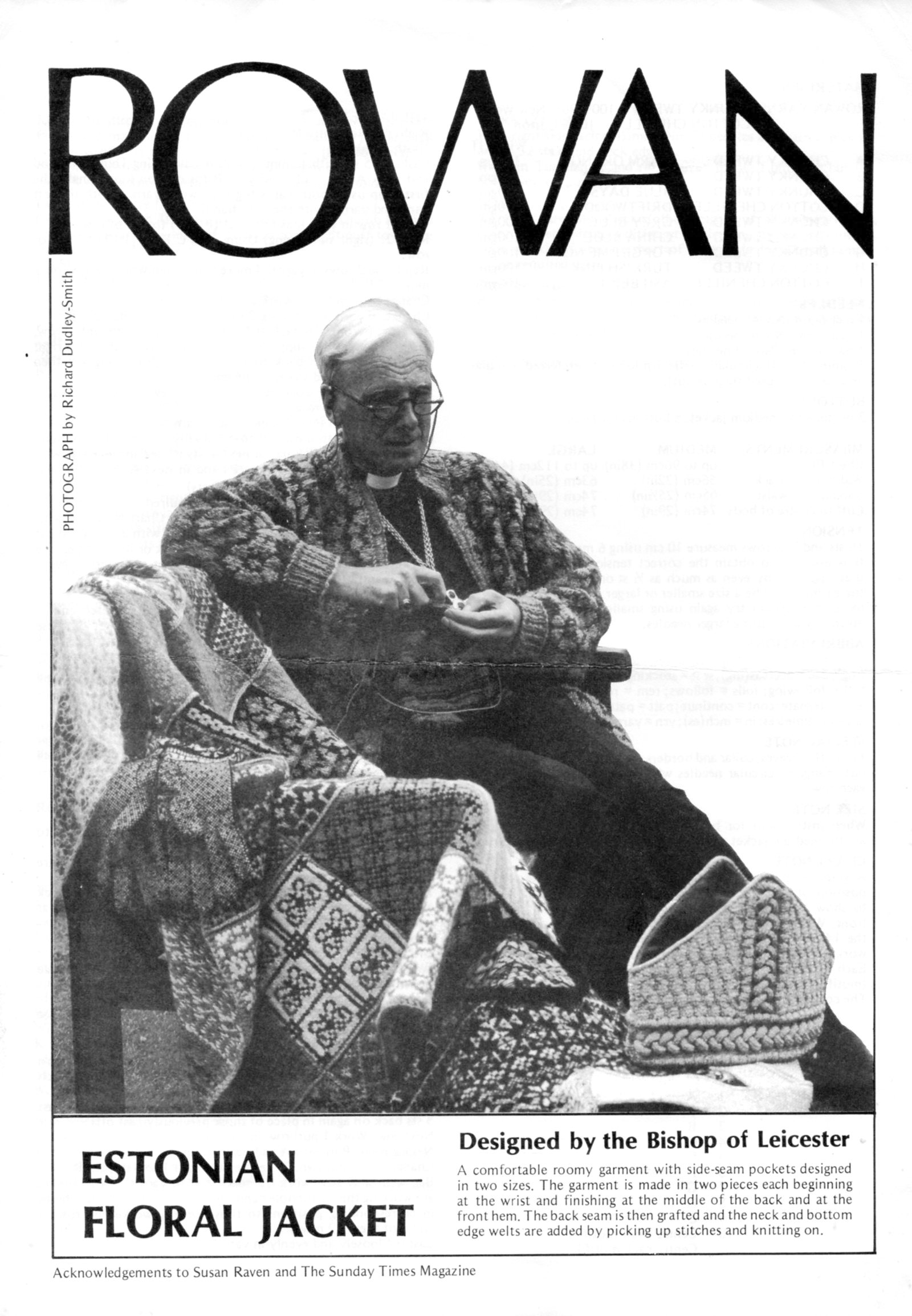 Cover of Rowan Estonial Floral Jacket leaflet. Bishop of Leicester sitting on a chair wearing the jacket. THere is a colour motif blanked and a pair of gloves on the seat beside him and a mitre near his legs.