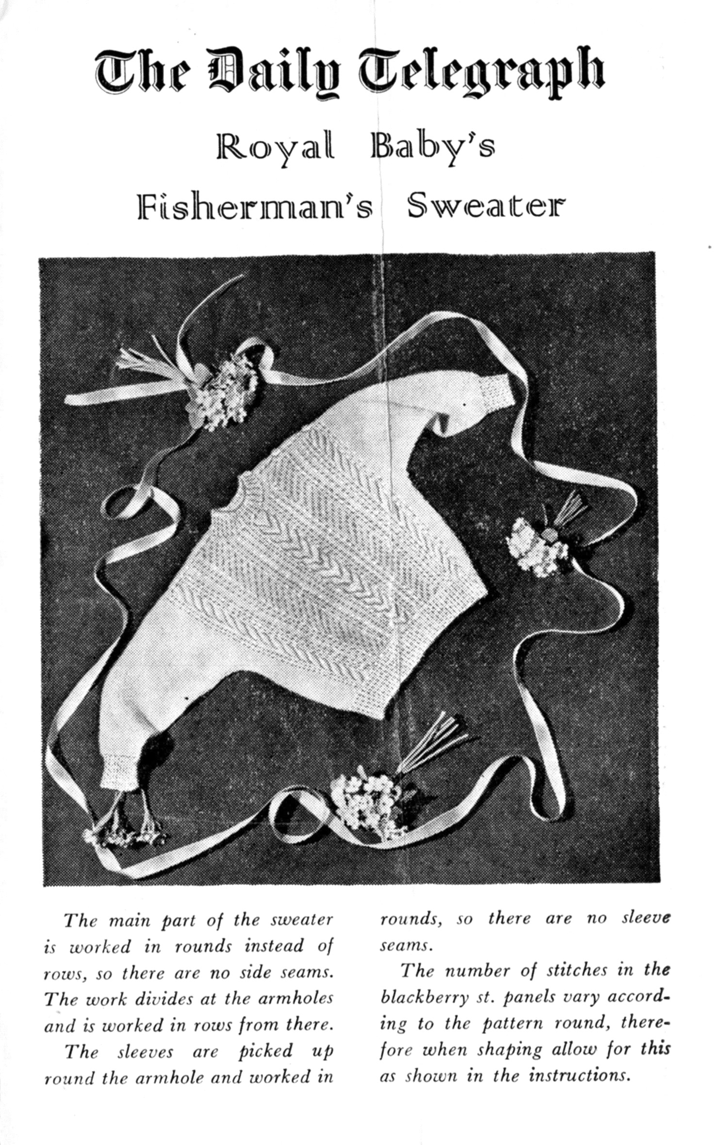 Cover of Daily Telegraph leaflet: Roya; Baby's Fisherman's Sweater. Sweater with cable, arrow and honeycomb design surrounded by ribbons and posies.