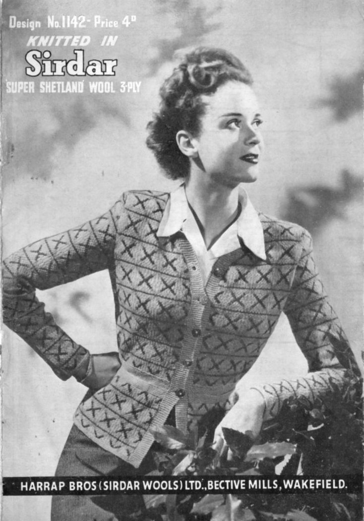Cover of Sirdar pattern 1142 4d showing lady wearing long sleeved Fair Isle cardigan with rows of cross motifs separated by horizontal lines. THere is a plain band at the waist.