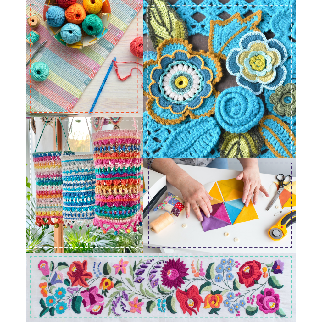 Collage of images of crochet, macrame, quilting and embroidery. Stitchtopia Craft Holidays – expertly created for crafting enthusiasts
