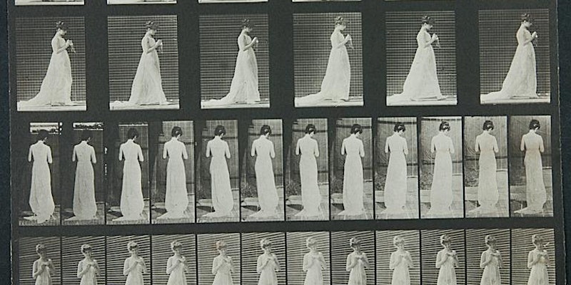 Image: Female walking hands engaged in knitting, Muybridge, 1887 (COPY 1/383 pt2 (39))