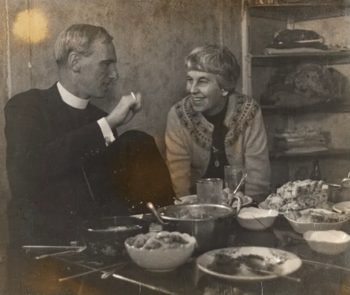 Richard and Joan Rutt sharing a meal at Hyeonyang Orphanage, South Korea, 5 November 1969