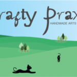 Logo of Crafty Praxis Yarns - cats in field with ruined tower, kite and hot air balloon. Text: Crafty Praxis; handmade crafts and craft