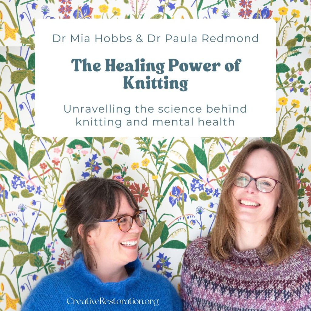 Photo of Dr Mia Hobbs (right) and Dr Paula Redmond (left on the cover of their book "The Healing Power of Knitting"