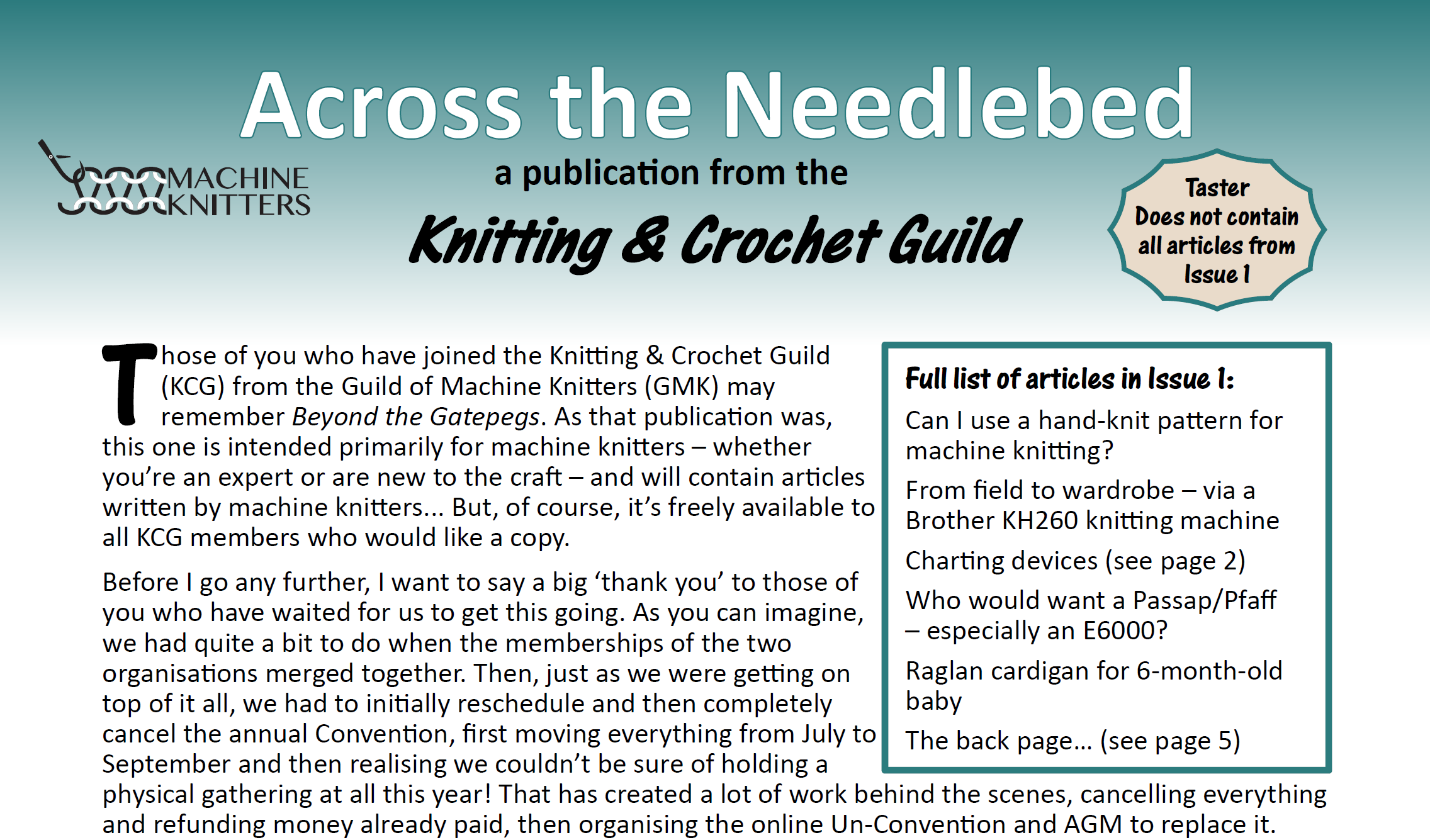 Banner and contents of the taster for Across the Needlebed