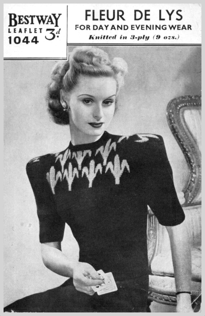 Cover of Bestway pattern 1044 shoeing lady wearing short sleeve pullover with Fleur de Lys motif.