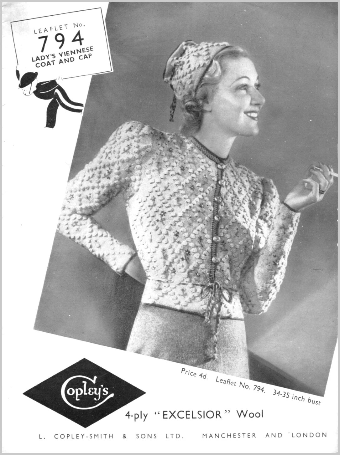 Cover of Copley's leaflet 794 with phototgraph of lady wearing a jacket and hat, both knit with a diamond pattern created from bobbles.