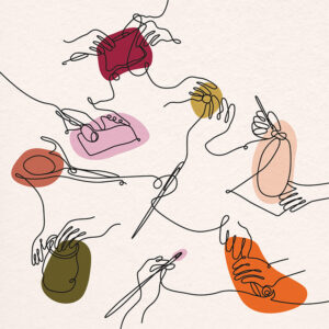 Cartoon depicting a variety of needle crafts