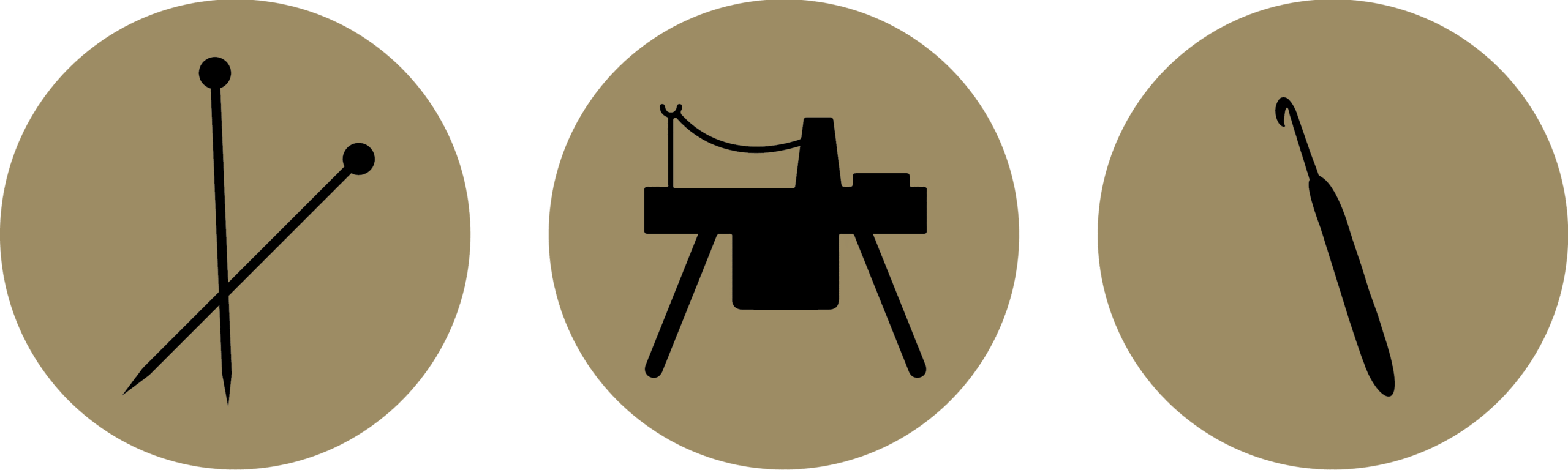 Symbols for all three of our crafts - hand knitting, machine knitting and crochet.
